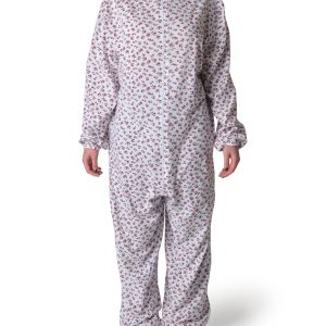 Pigiama sanitario estivo donna con cerniera anteriore - Fiore bicolore rosa e verde